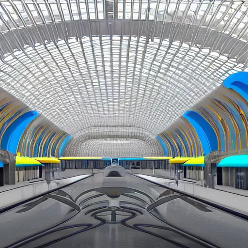 Prompt: complex and beautiful organic train station hall, designed by zaha hadid, bold colors, unreal engine 5 render, keyshot render, octane render in style of artstation trending colors, ultra high detail, ultra realistic, 8k