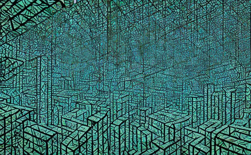 Image similar to interior of an elaborate labyrinth of runic cubes, ancient overgrown, dark teal, endless maze - like runes, sharp high detail, masterpiece by satoshi kon, crystal cubism, greeble, tesseract, darksynth, high definition