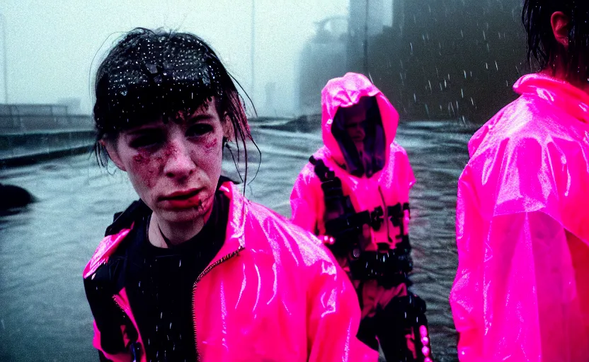 Prompt: cinestill 5 0 d candid photographic portrait by helen levitt of two cyborgs wearing rugged neon pink mesh techwear in treacherous waters, extreme closeup, modern cyberpunk moody depressing cinematic, pouring rain, 8 k, hd, high resolution, 3 5 mm, f / 3 2, ultra realistic faces, ex machina
