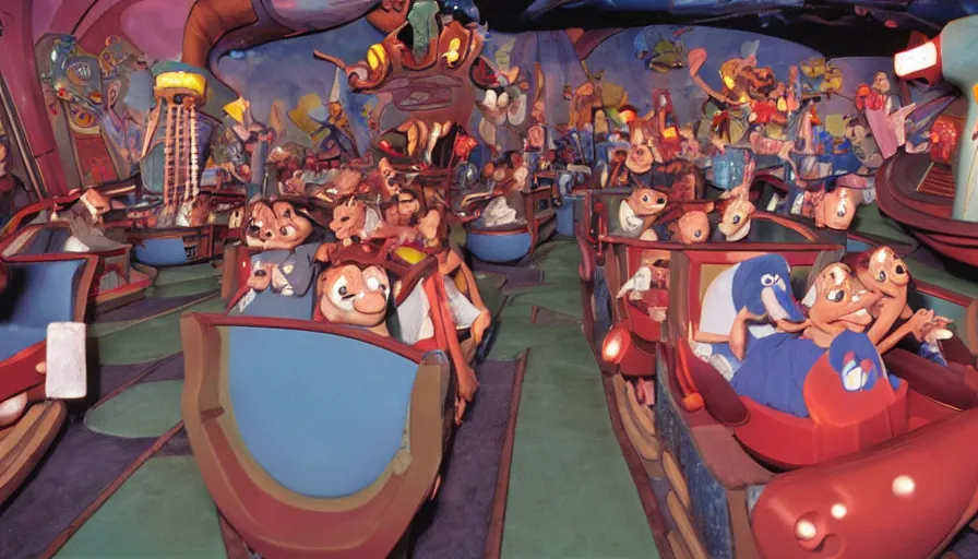 Image similar to 1990s photo of inside the Ren & Stimpy ride at Universal Studios in Orlando, Florida, children riding through the space ship episode with Log and soap , cinematic, UHD