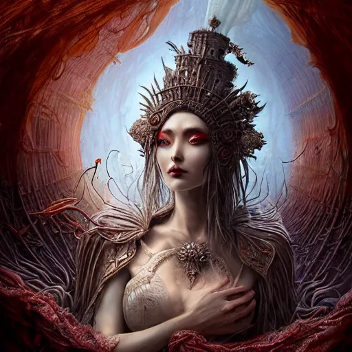 Image similar to a beautiful detailed 3d matte painting of female empress of the dead, by ellen jewett, tomasz alen kopera and Justin Gerard, symmetrical features, ominous, magical realism, texture, intricate, ornate, royally decorated, skull, skeleton, whirling smoke, embers, red adornements, red torn fabric, radiant colors, fantasy, trending on artstation, volumetric lighting, micro details, 3d sculpture, ray tracing, 8k