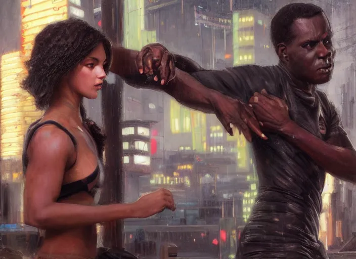Image similar to chidi demonstrates skills in cyberpunk jujitsu match ( blade runner 2 0 4 9, dystopian, cyberpunk 2 0 7 7 character design ). orientalist portrait by john william waterhouse and james gurney and theodore ralli and nasreddine dinet, oil on canvas. cinematic, hyper realism, realistic proportions, dramatic lighting, high detail 4 k