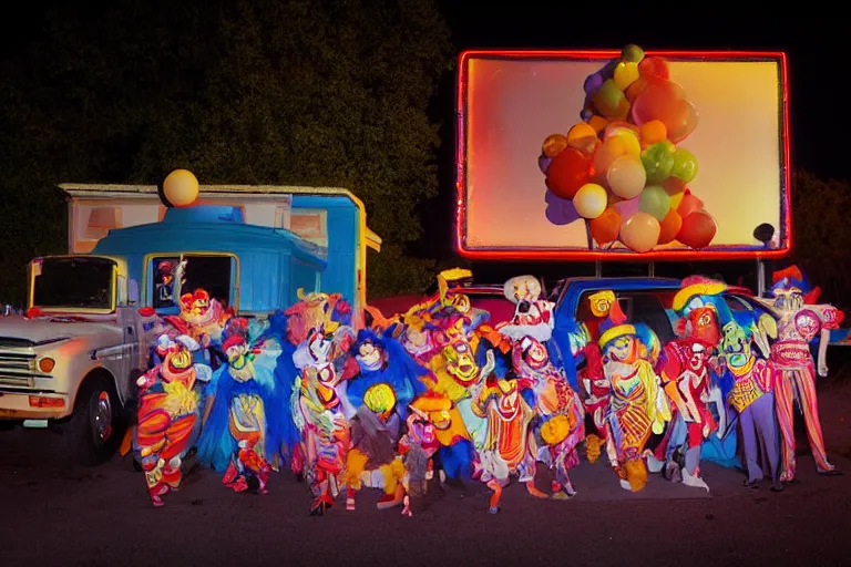 Image similar to 2 0 clowns leaving a clowncar at a california drive in, in 2 0 1 2, cutecore clowncore, bathed in the the glow of the sunset, low - light photograph, in style of henry selik