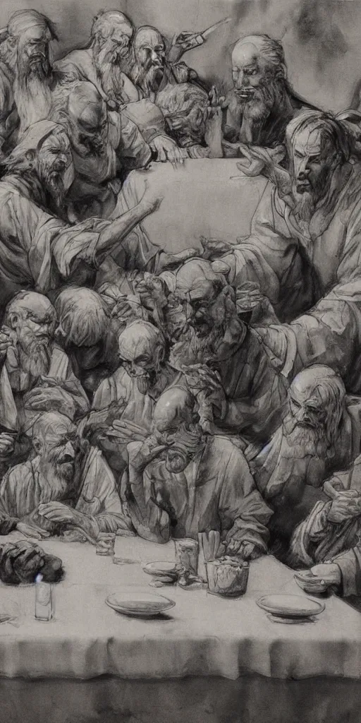 Image similar to oil painting scene from the last supper by kim jung gi