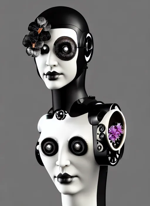 Prompt: 1 9 3 0 black and white gothic masterpiece profile face portrait, one steampunk eye biomechanical beautiful young female cyborg - robot, body ribs meshes, big monocular, volumetric light, hibiscus flowers, by hg giger, rim light, big gothic fashion pearl embroidered collar, 8 k