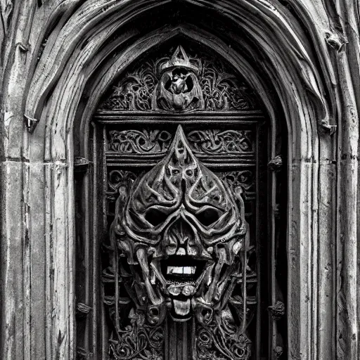 Image similar to port door with carved sinister face head. meduza gorgona. cast iron. gothic medieval baroque. symmetry. epic. ominous shapes. hyper detailed. photoreal. trending on artstation