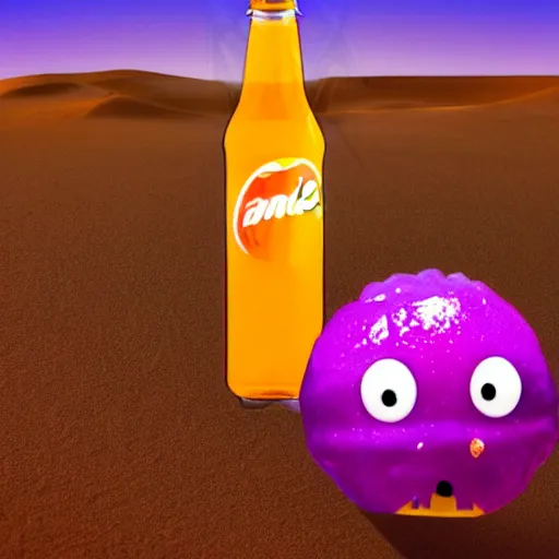 Image similar to sinbad stuck in a fanta bottle abandoned in desert with purple sky