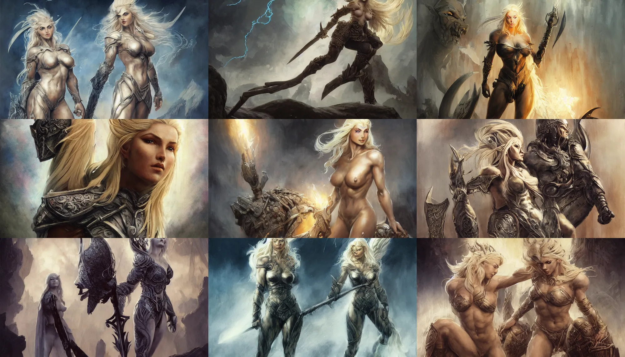 Image similar to A mixed media painting of the beautiful blonde goddess of war infused with lightning, very aesthetic, curvy, detailed face, elven armor, by Frank Frazetta, Greg Rutkowski, Boris Vallejo, Beeple, Yoko Taro, Christian MacNevin, epic fantasy character art, goddess of anger, viking runes, high fantasy, CGsociety, full length, exquisite detail, post-processing, masterpiece, cinematic, odin's stone arena background