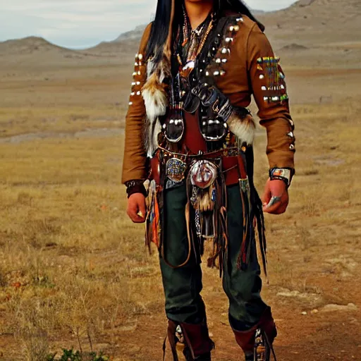 Image similar to young thin native American Indian man, wearing cargo buckskin jacket buckskin tactical toolbelt pockets bandolier full of trinket and baubles, steampunk arcane shaman, deadlands, weird west