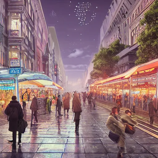 Image similar to ultra realistic illustration and highly detailed digital render of a intricate busy street by the central railway station, inside helsinki, finland, 2 0 2 2, by greg rutkowski and makoto shinkai, nighttime, dark sky, twinkly stars, amazing sky, migrating birds in the sky, colorful street lamps along road, natural stone road, asian style vendors