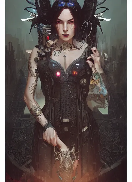 Image similar to a beautiful illustration of a cyberpunk witch with horns in head, intricate, sharp focus, illustration, highly detailed, digital painting, concept art, matte, art by wlop and artgerm and greg rutkowski and alphonse mucha, masterpiece