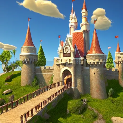 Image similar to a beautiful castle by disney, pixar, unreal engine, nvidia. extremely detailed, realistic, 8 k, golden hour, digital art, artststion