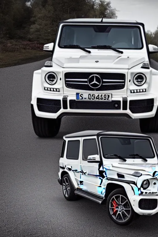 Image similar to Photo of a white 2019 Mercedes-Benz G63, daylight, front view, studio lighting, high resolution.