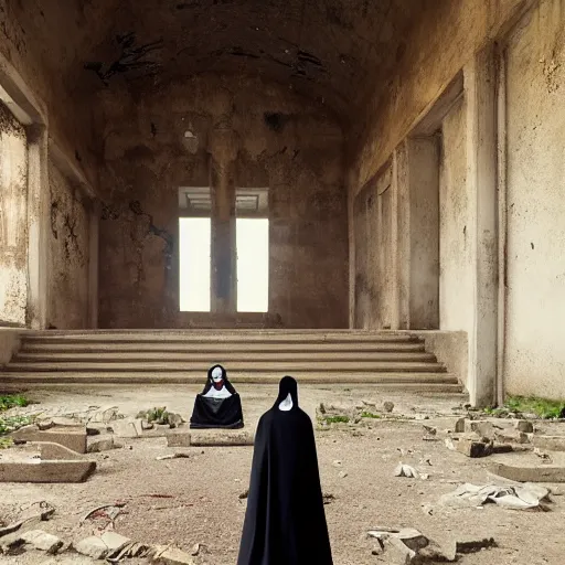 Prompt: praying nun with skeleton head in the middle of abandoned huge temple, by Zhang Kechun