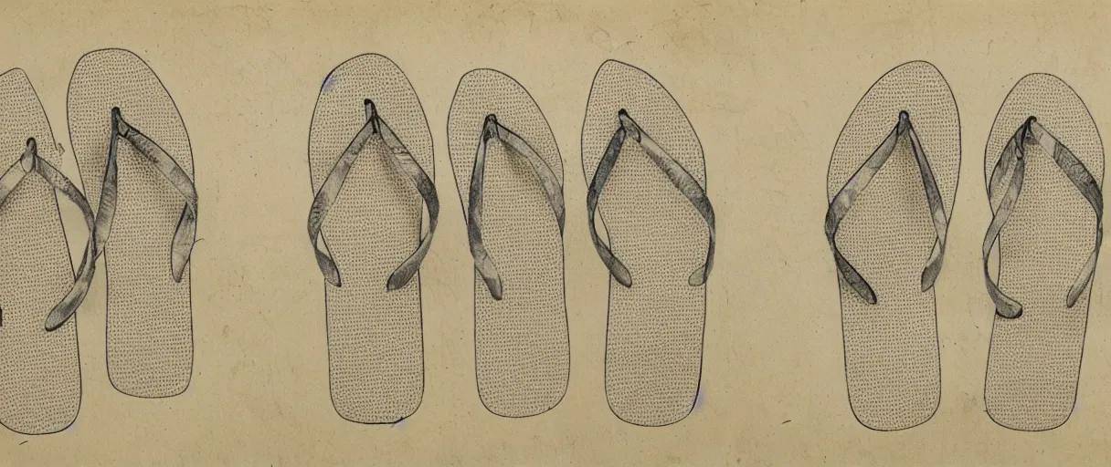 Image similar to detailed blueprint sketches of flip flops, labelled, high detail, realistic, professional, notes, diagram, by leonardo davinci, on yellow paper, worn, pencil, sketch