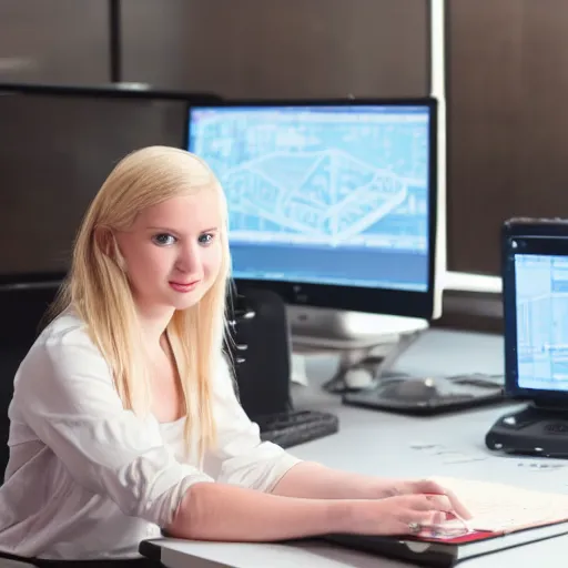 Image similar to a blonde baby girl working CAD computer drafting, civil engineer, sitting at a desk