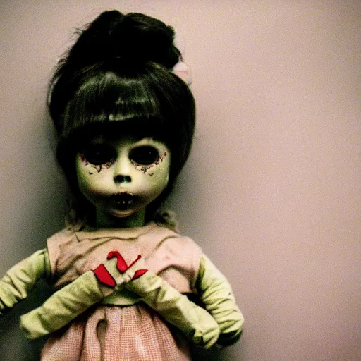 Prompt: fujifilm superia photo of a scary doll in empty office room, liminal, gloomy, grainy