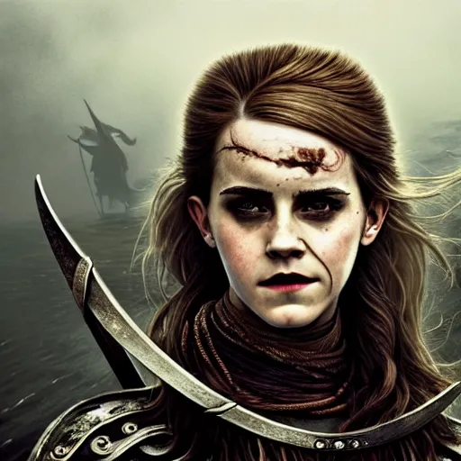 Prompt: Official photo of Emma Watson as a majestic fierce viking woman, leader, fear, scarred, highly detailed, viking attire, cinematic, 8k, 1080s, by Stanley Artgermm, Tom Bagshaw, Greg Rutkowski, Vincent di Fate, Carne Griffiths, Ayami Kojima, trending on DeviantArt, hyper detailed, full of color, digital art,