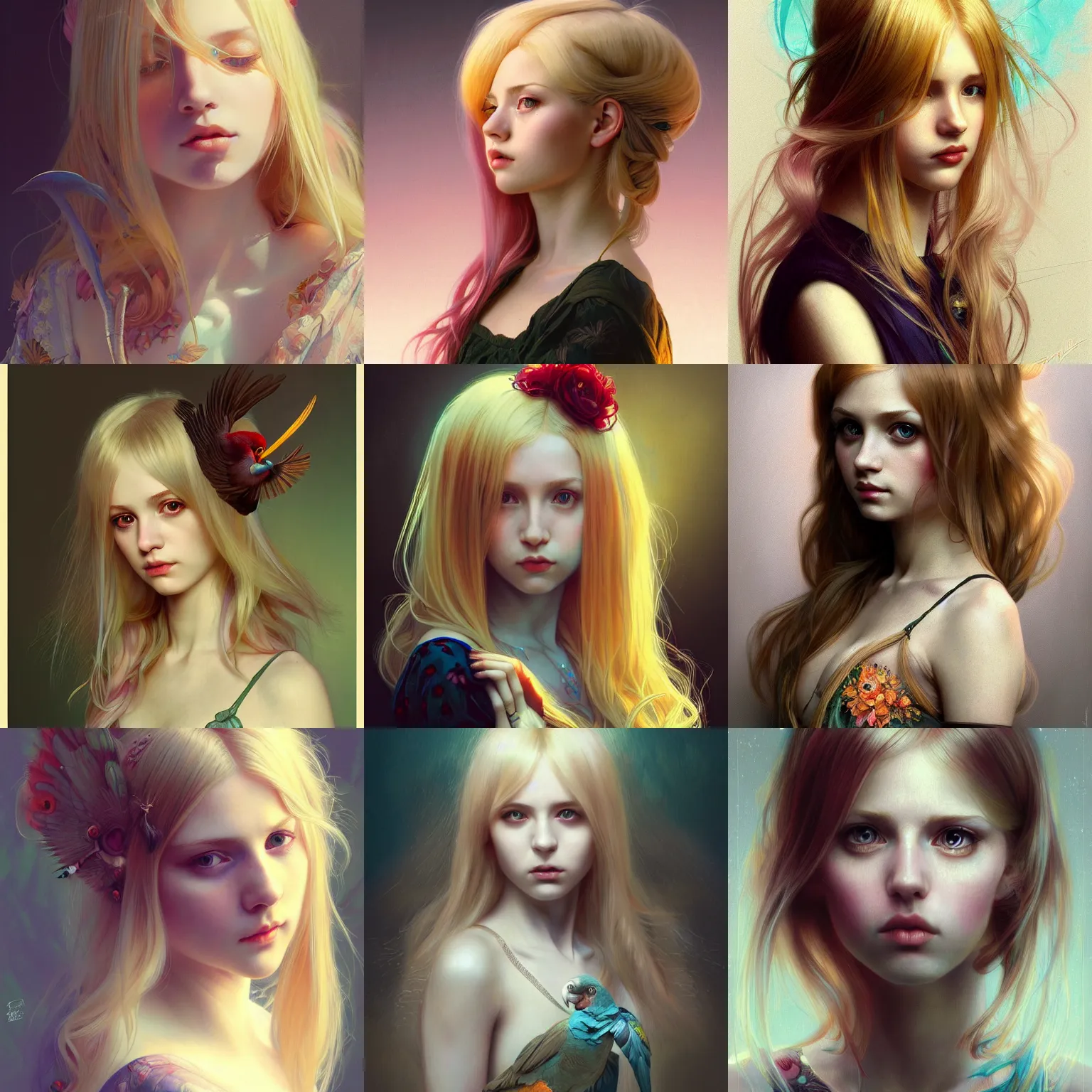 Prompt: portrait of a young blonde girl, parrot, alternative, grunge, upper body, long hair, intricate, highly detailed, digital painting, artstation, japanese lolita aesthetic, concept art, matte, hyper realistic, light rays, sharp focus, illustration, art by artgerm and greg rutkowski and alphonse mucha