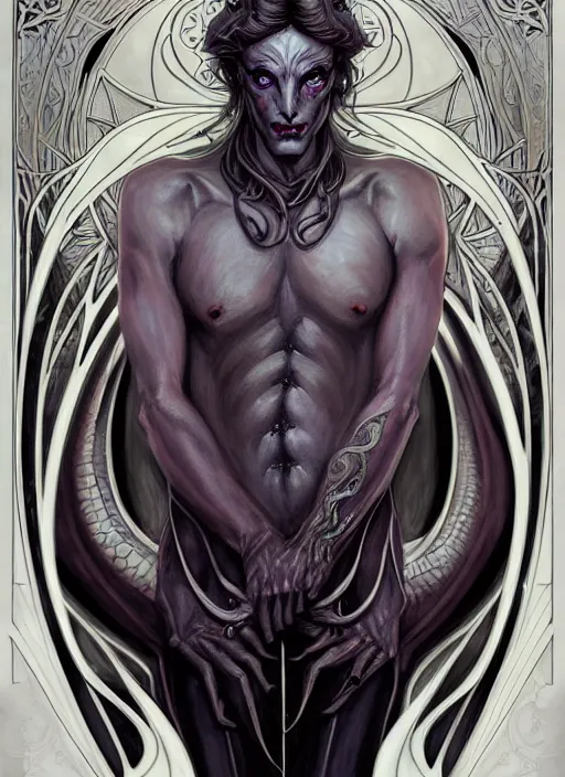 Image similar to an art nouveau, evil dragon man portrait in the style of charlie bowater, and in the style of donato giancola, and in the style of charles dulac. very large, clear, expressive, intelligent eyes. symmetrical, centered, ultrasharp focus, dramatic lighting, photorealistic digital painting, intricate ultra detailed background.