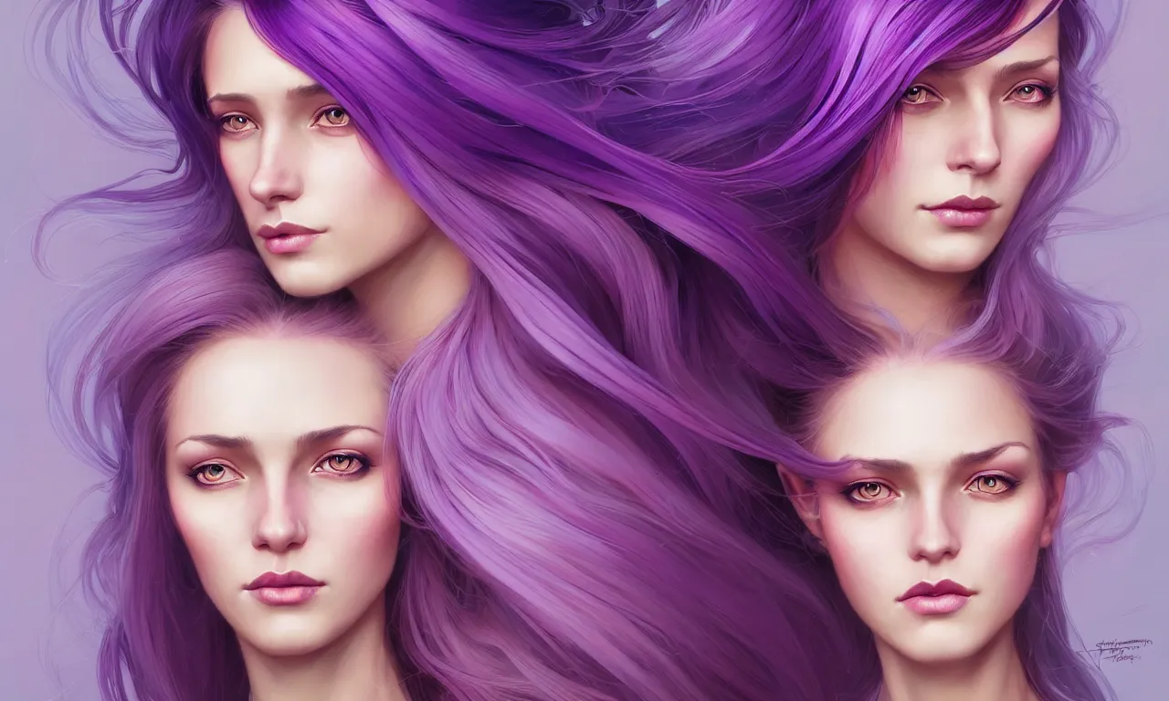 Image similar to Portrait of a woman with bright colored flying hair, all shades of purple. Hair coloring, amber eyes, face, long hair, fantasy, intricate, elegant, highly detailed, digital painting, artstation, concept art, smooth, sharp focus, illustration, art by artgerm and greg rutkowski and alphonse mucha