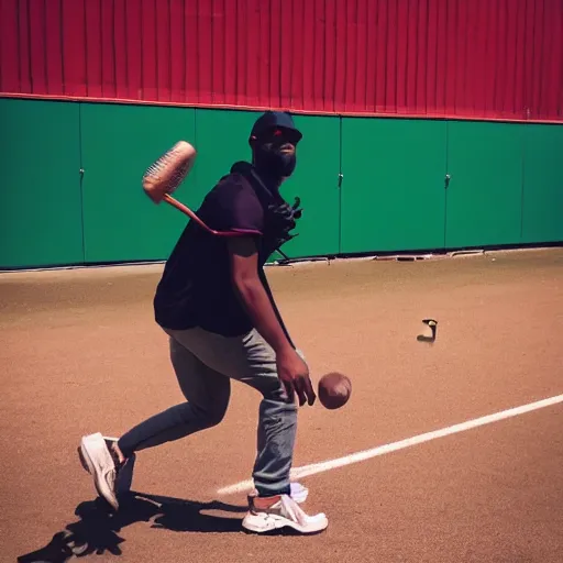 Prompt: Dray mondgreen playing baseball with a backpack on
