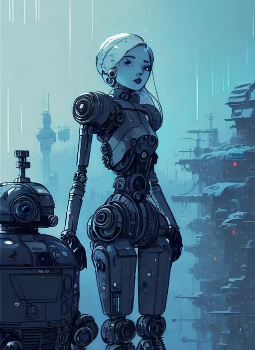 Image similar to highly detailed portrait of a moody frostpunk long blonde hair lady with mecha droid robot companion, stray wiring by atey ghailan, james gilleard, by joe fenton, by greg rutkowski, by greg tocchini, by kaethe butcher, 4 k resolution, gradient blue, black and white color scheme!!! ( ( glaciated dystopian city background ) )