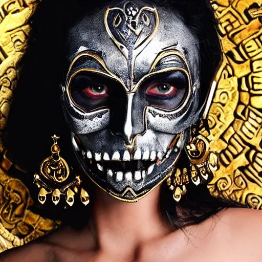 Prompt: A new dark hero for blockbuster movies. A beautiful black-haired woman wearing a sinister silver skull mask with an ancients, ultra-detailed pattern. Attractive eyes. A fearless smile. Blurred background. Earrings. Gold. Aztecs. Inca. Mexico. Rembrandt style lighting., dark fantasy