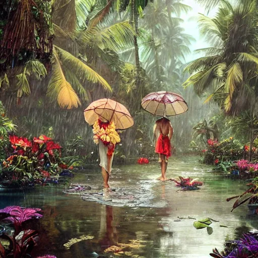 Image similar to tropical island, ornate, beautiful, atmosphere, vibe, mist, coconuts, rain, wet, pristine, puddles, melting, dripping, snow, creek, lush, ice, bridge, forest, roses, flowers, by stanley artgerm lau, greg rutkowski, thomas kindkade, alphonse mucha, loish, norman rockwell