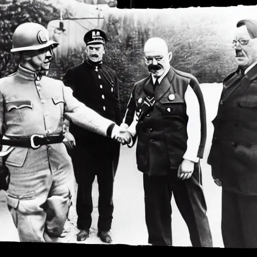 Prompt: adolf hitler shaking hands with walter white, black and white, cctv, over - the - shoulder shor