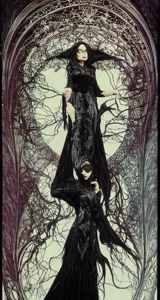 Prompt: sorceress, wearing a black cloak, with messy black hair, gothic, lace, standing in a surreal dreamscape by Gerald Brom and Dave McKean and Alphonse Mucha,