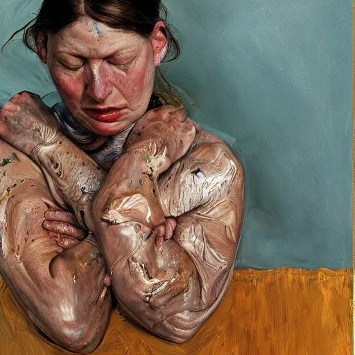 Image similar to high quality high detail painting by lucian freud and jenny saville, hd, anxiety, turquoise