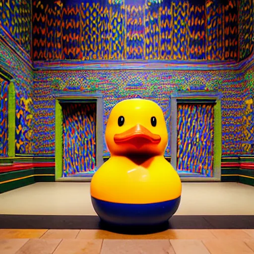 Image similar to wide shot, one! photorealistic rubber duck in foreground on a pedestal in cavernous museum, the walls are covered floor to ceiling with colorful tesselated geometric wall paintings in the style of sol lewitt, tall arched stone doorways, through the doorways are more mural paintings in the style of sol lewitt.