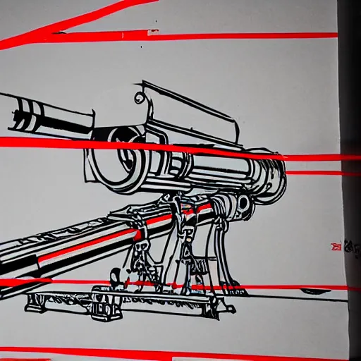 Prompt: the front of a massive laser canon with oppressive regime painwted in white letters across the barrel, high detailed sketch, black and red, fine line,