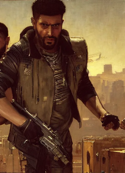 Image similar to big mike fighting javier. cyberpunk meathead wearing a military vest and combat gear. Meathead trying to intimidate cyberpunk hacker. (Cyberpunk 2077, bladerunner 2049). Iranian orientalist portrait by john william waterhouse and Edwin Longsden Long and Theodore Ralli and Nasreddine Dinet, oil on canvas. Cinematic, hyper realism, realistic proportions, dramatic lighting, high detail 4k