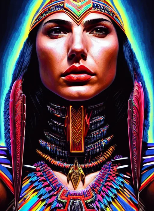 Image similar to portrait of gal gadot, hyper detailed ultra sharp aztec shaman warrior. trending on artstation, warpaint aesthetic, bloodwave, colorful, psychedelic, ornate, intricate, digital painting, concept art, smooth, sharp focus, illustration, art by artgerm and greg rutkowski and h. r. giger, 8 k