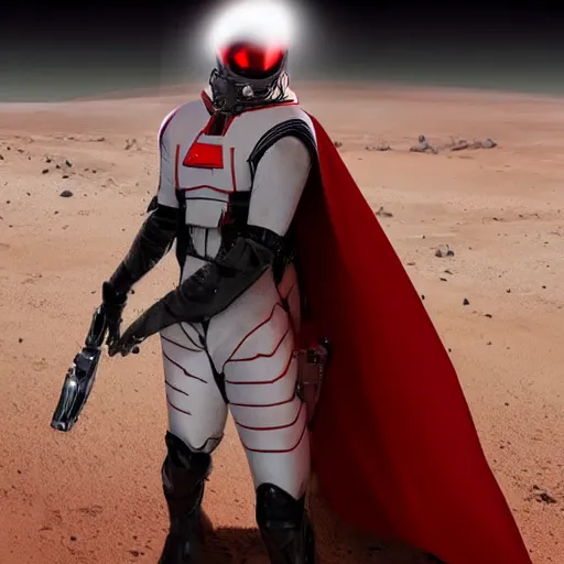 Image similar to gigachad space infantry man in glossy sleek white armor with small red details and a long red cape, heroic posture firing laser rifle, on the surface of mars, night time, dramatic lighting, cinematic, sci-fi, hyperrealistic, movie still