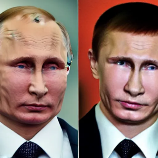 Image similar to putin teams up with a teenage putin, perfect faces