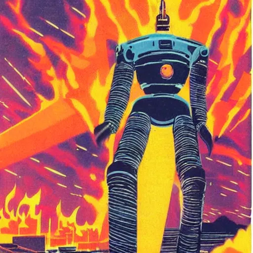 Prompt: giant robot smashing future city in flames, 1 9 6 0 s vintage sci - fi art, by jack gaughan