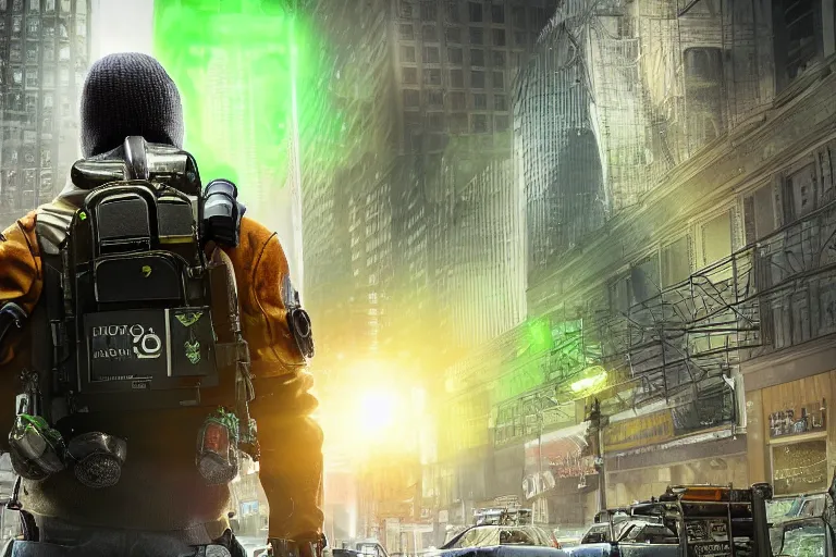 Image similar to agents from (Tom Clancy's The Division) are recovering a glowing green container, high detail, digital art, by Tom Garden