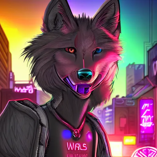 Image similar to beautiful commission digital art portrait commission of an androgynous furry anthro wolf wearing punk clothes in the streets of a cyberpunk city. neon signs. made by zaush, rick griffin, tessgarman, angiewolf, miles df, smileeeeeee, ethrk, fa, furraffinity