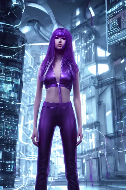 Prompt: cybernetic girl with long purple hair from the future, wires connected to servers behind, photo realistic, 4k unreal engine 5 render, by wlop