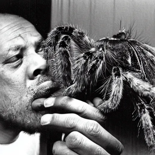 Image similar to charles mingus sniffing a big hairy tarantula, professional photograph, 4 k