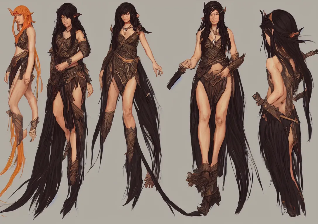 Image similar to half orc half elf woman, ginger extra very long hair, tropical mage dress with high slit, several layers of fabric, character concept art character sheet, by ilya kuvshinov, krenz cushart, Greg Rutkowski, trending on pixiv