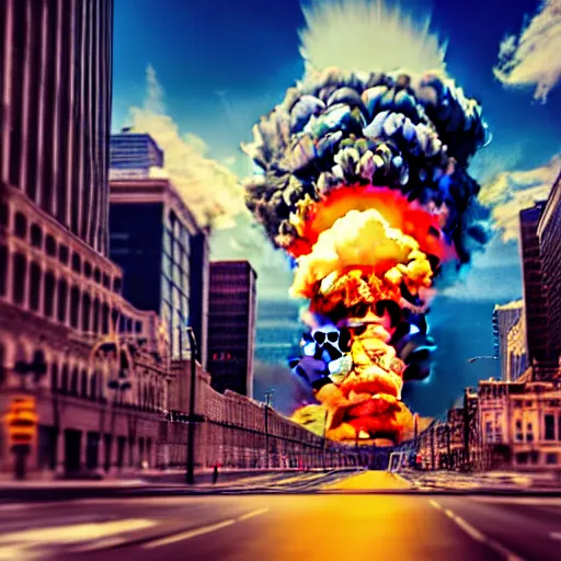 Prompt: beautiful centered action photography shot of extremely detailed hyper realistic nuclear bomb explosion in a city, professional film photography, 8 k, cinematic framing,