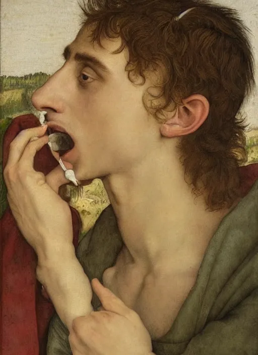 Image similar to (((( a painting of a Timothee Chalamet brushing his teeth, a character portrait by Dürer, behance, pre-raphaelitism, da vinci, pre-raphaelite, detailed painting“