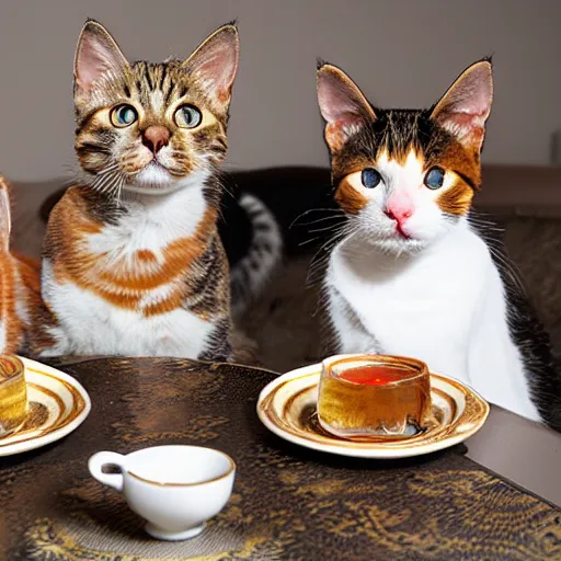 Prompt: 3 cats ( two calico and one tabby ) enjoying fancy english tea together, award winning photograph