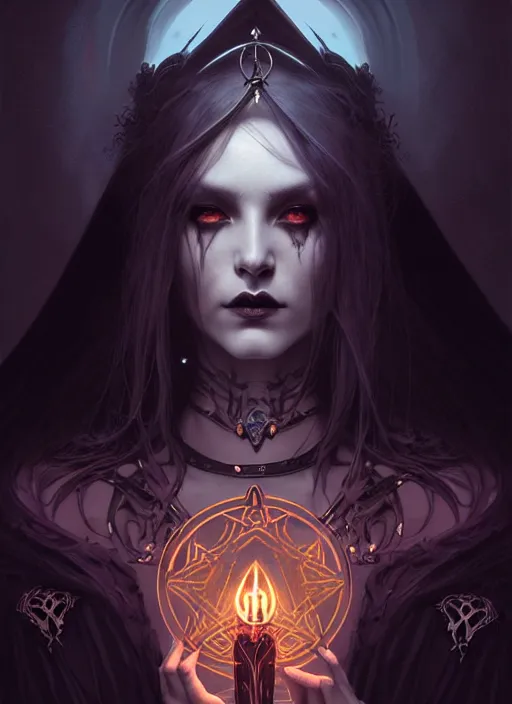 Image similar to Necromancer Sorceress goddess of death, fantasy pentagram magic, undercut hairstyle, dark light night, intricate, elegant, sharp focus, illustration, highly detailed, digital painting, concept art, matte, art by WLOP and Artgerm and Greg Rutkowski and Alphonse Mucha, masterpiece