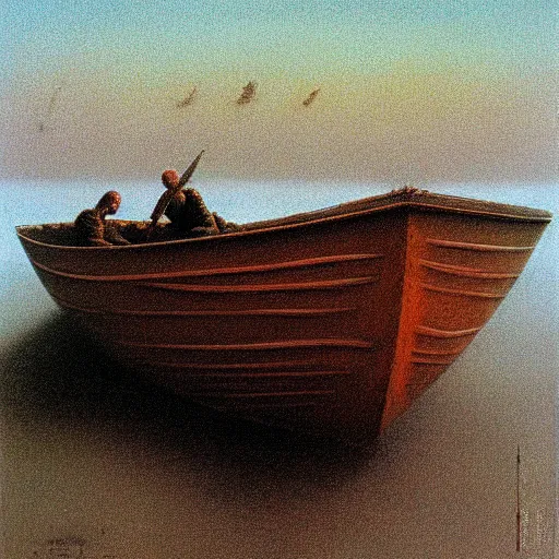 Image similar to a skiff by Zdzisław Beksiński, oil on canvas