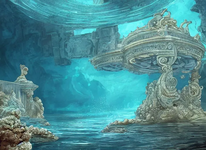 Prompt: underwater sunken temple, ocean, sea, fish!!, palladian, illustration, concept art, digital art, colorful, blue, detailed, realistic